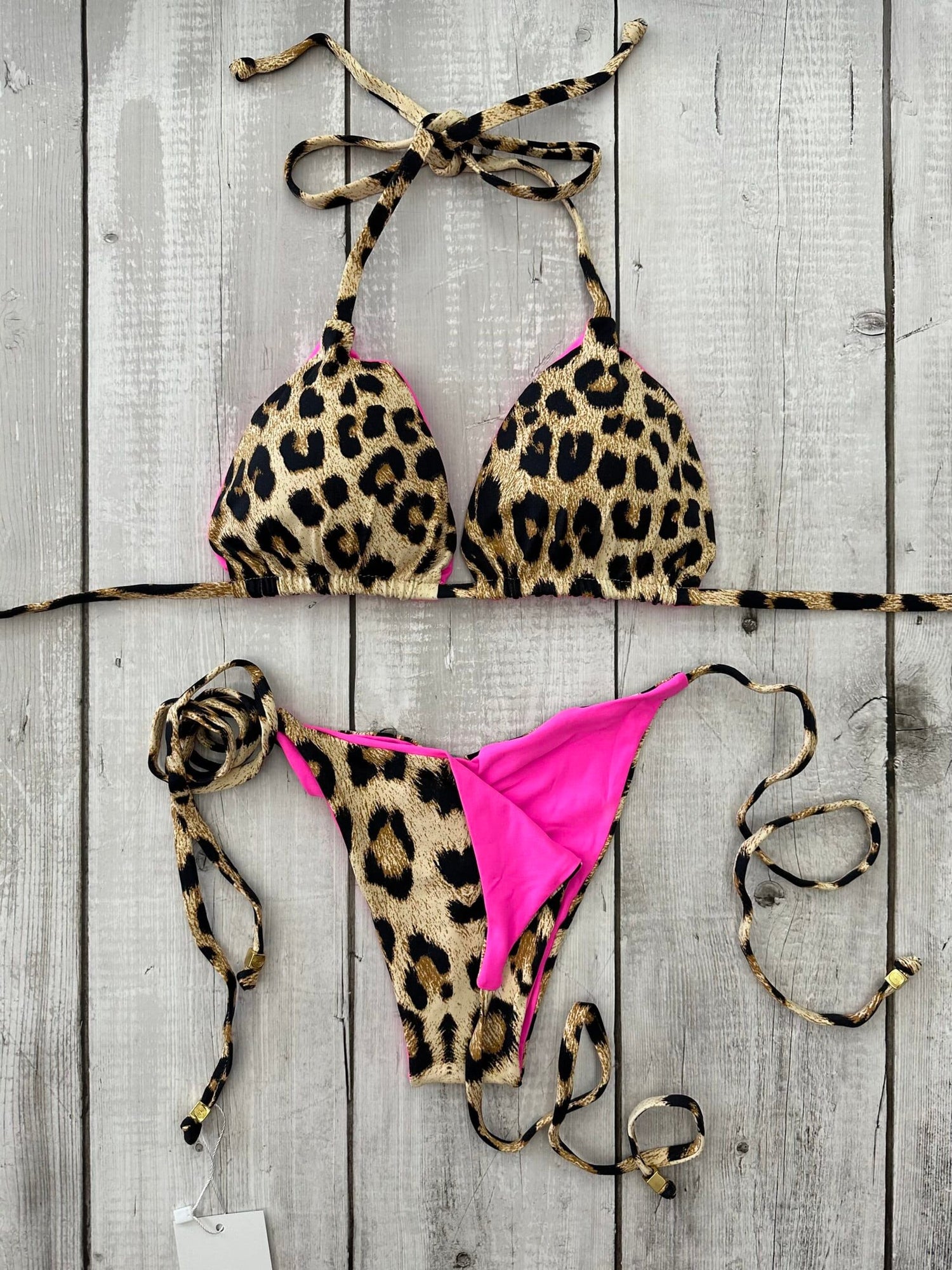 Rio Animal Print Triangle Ruched Tie-Side Reversible Bikini Set