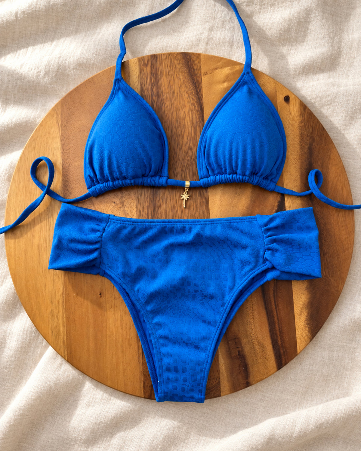 Milos Textured Triangle High Waisted Bikini Set Blue