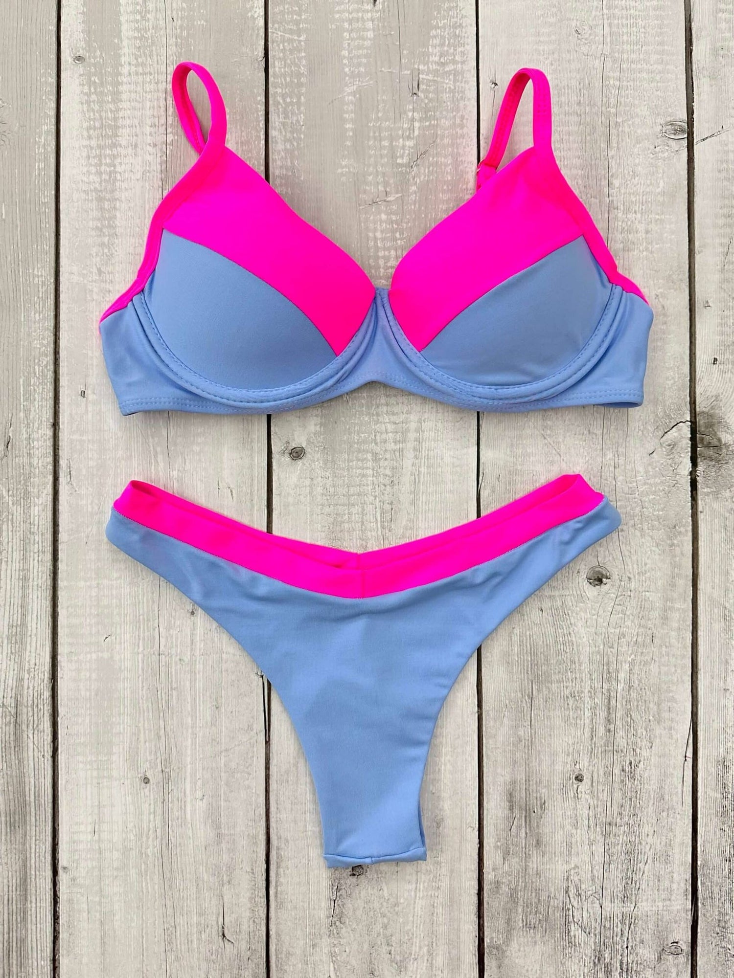Maldives Underwire Bra Bikini Set Blue & Neon Pink