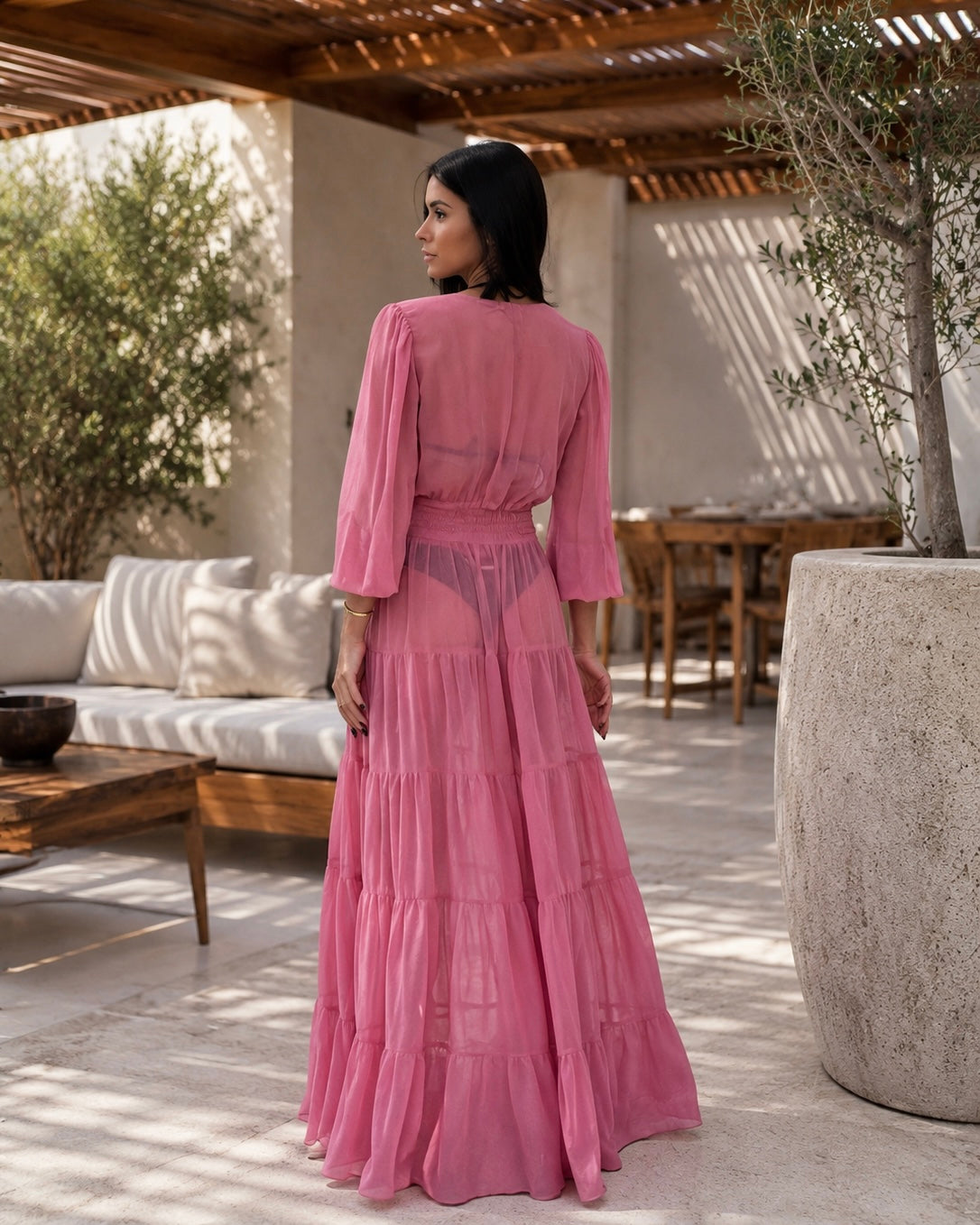 Monaco Luxury Sheer Silk Chiffon Beach Dress in Blush