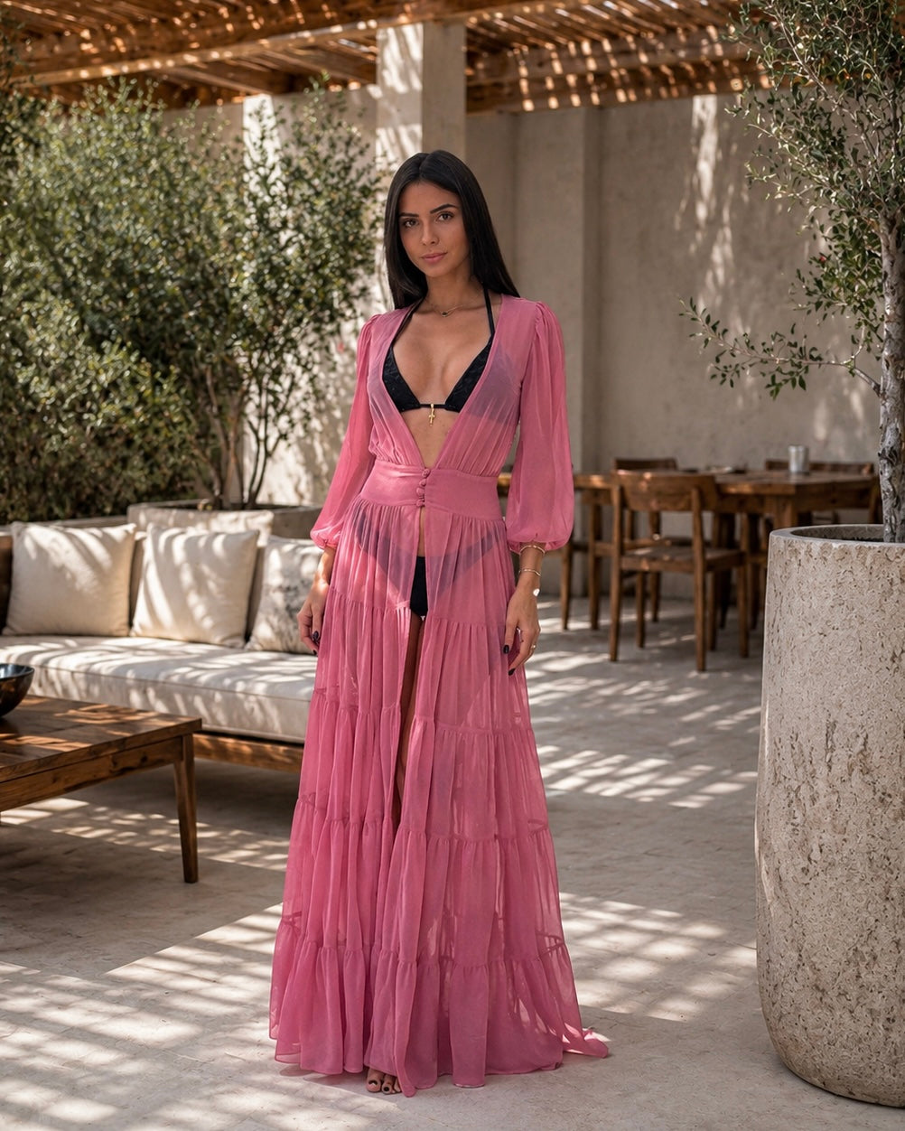 Monaco Luxury Sheer Silk Chiffon Beach Dress in Blush