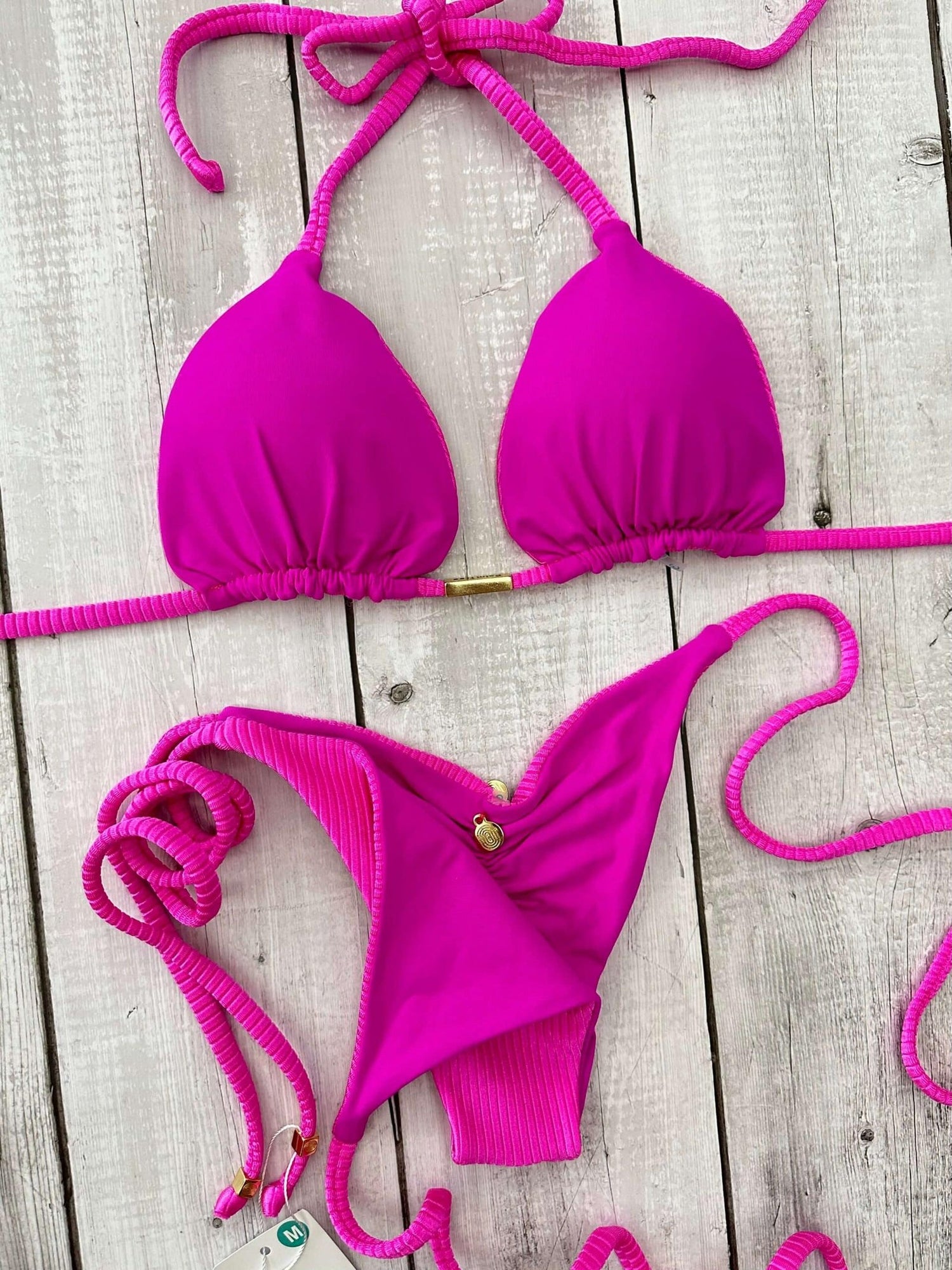 Rio Ribbed Triangle Ruched Tie-Side Reversible Bikini Set