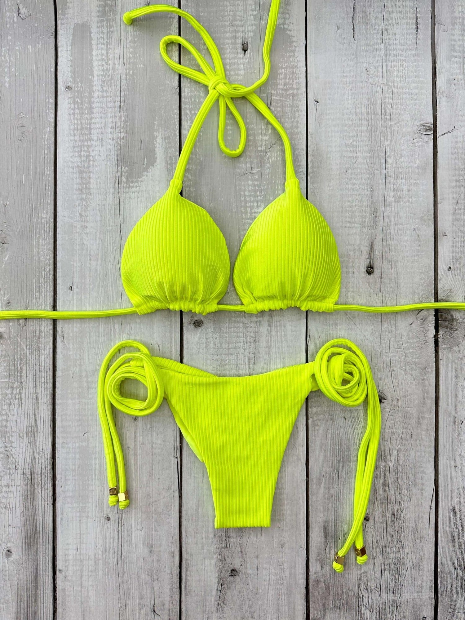 Rio Ribbed Triangle Ruched Tie-Side Reversible Bikini Set