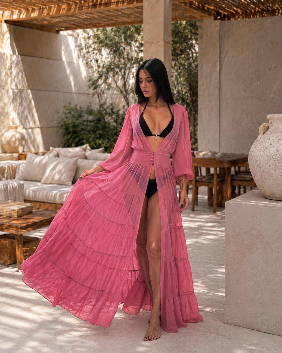 Monaco Luxury Sheer Silk Chiffon Beach Dress in Blush