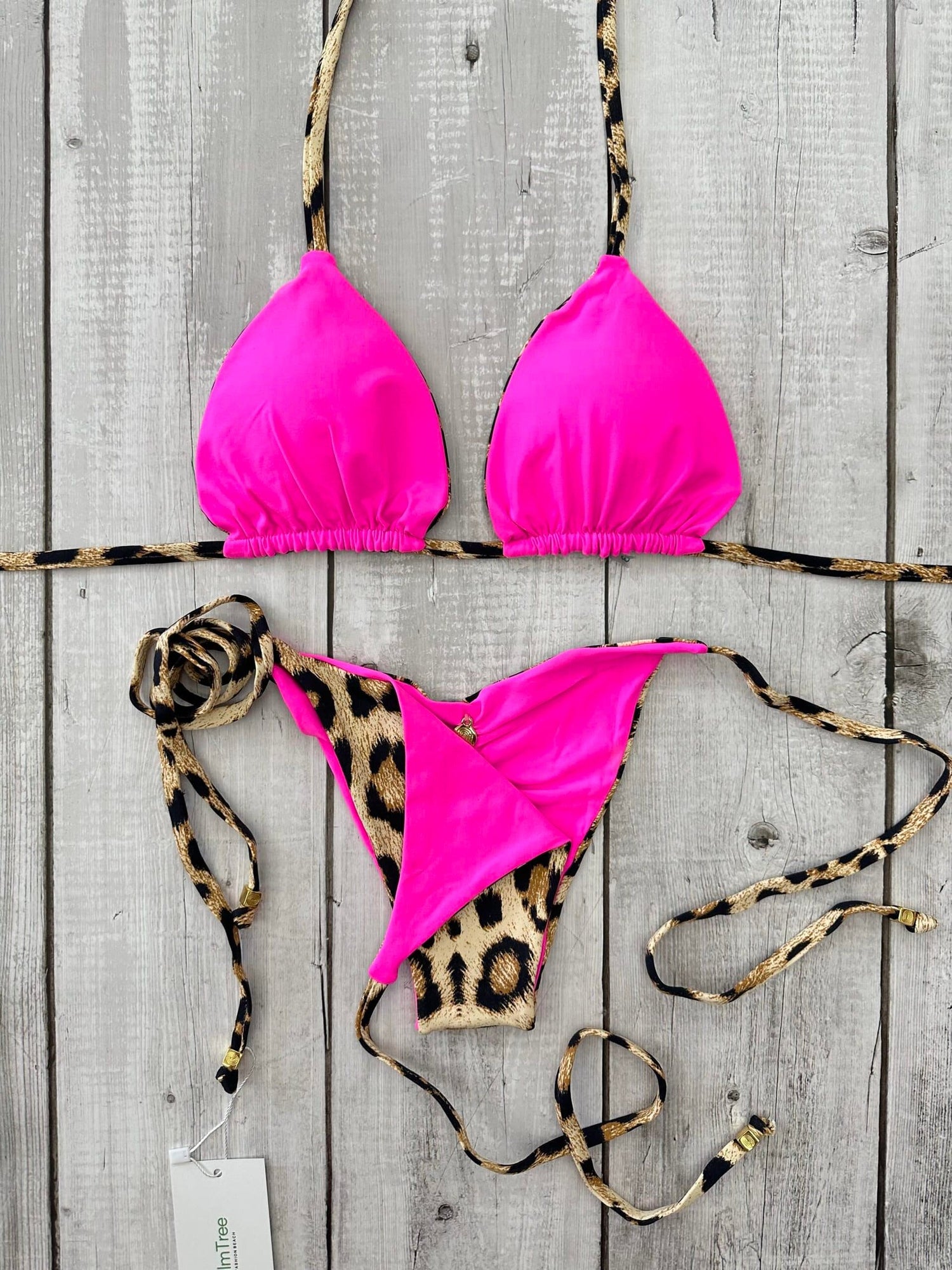 Rio Animal Print Triangle Ruched Tie-Side Reversible Bikini Set