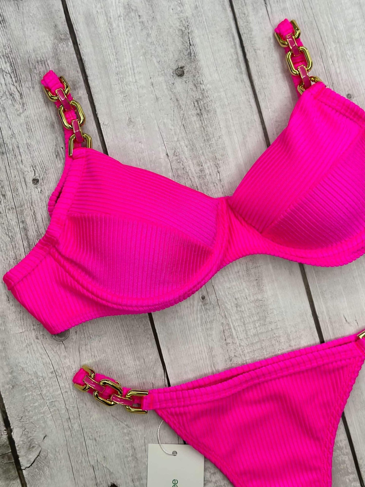 Marbella Lux Pink Shimmer Ribbed Chain Underwire Bra Bikini Set
