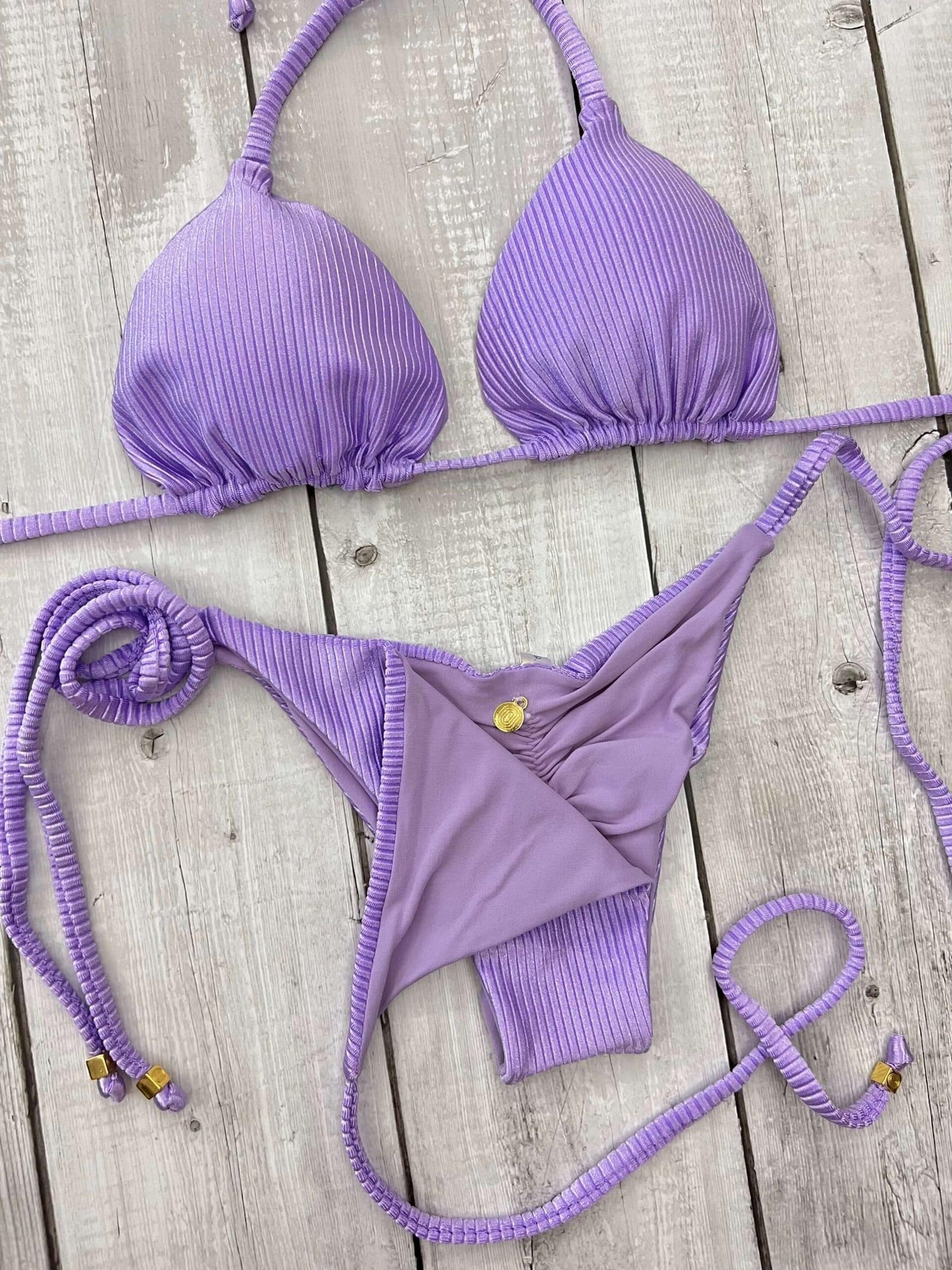 Rio Ribbed Triangle Ruched Tie-Side Reversible Bikini Set