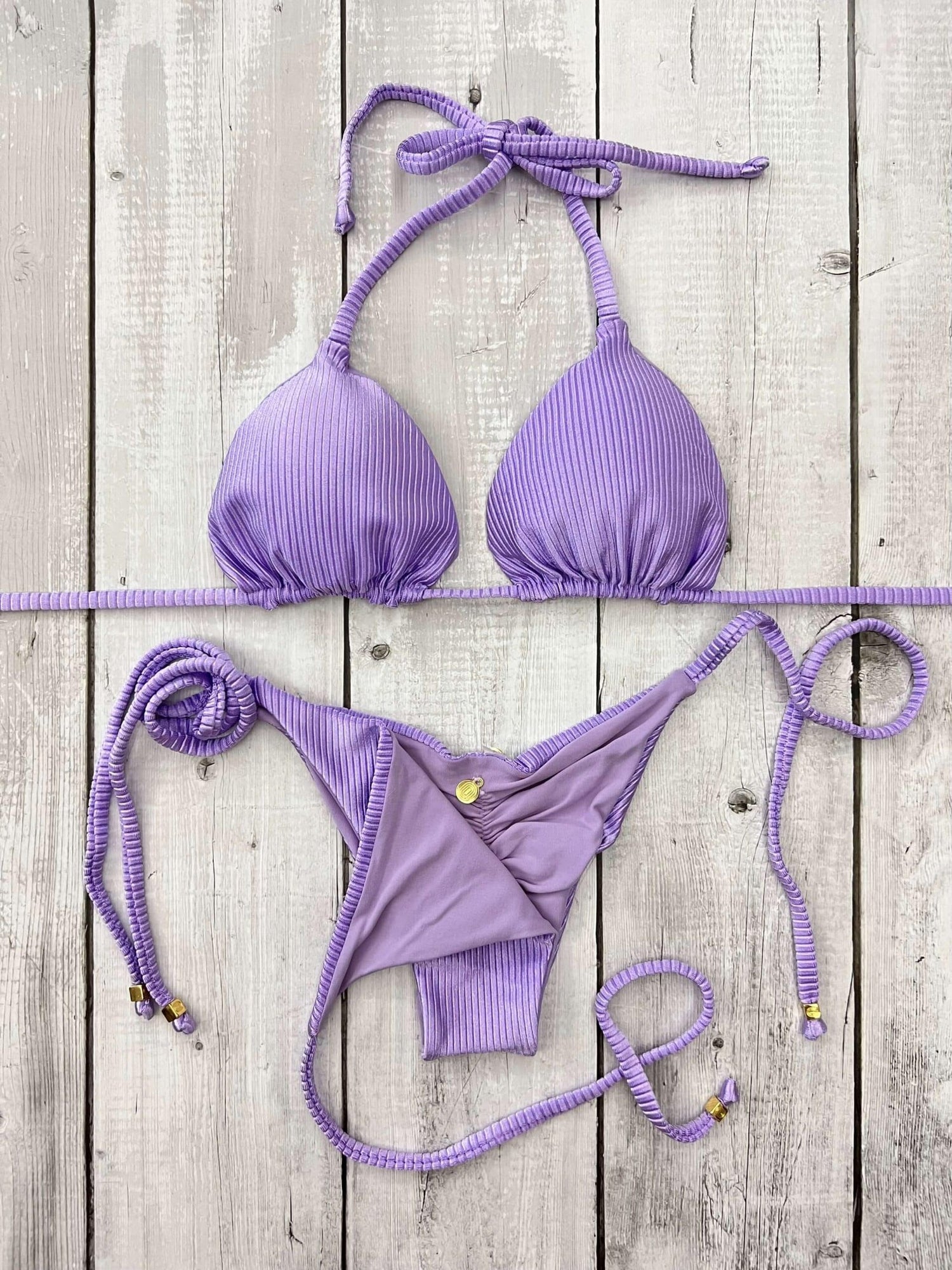 Rio Ribbed Triangle Ruched Tie-Side Reversible Bikini Set