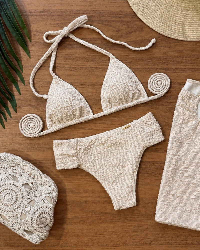 Milos Textured w/ Golden Thread Triangle High Waisted Bikini Set in Be ...