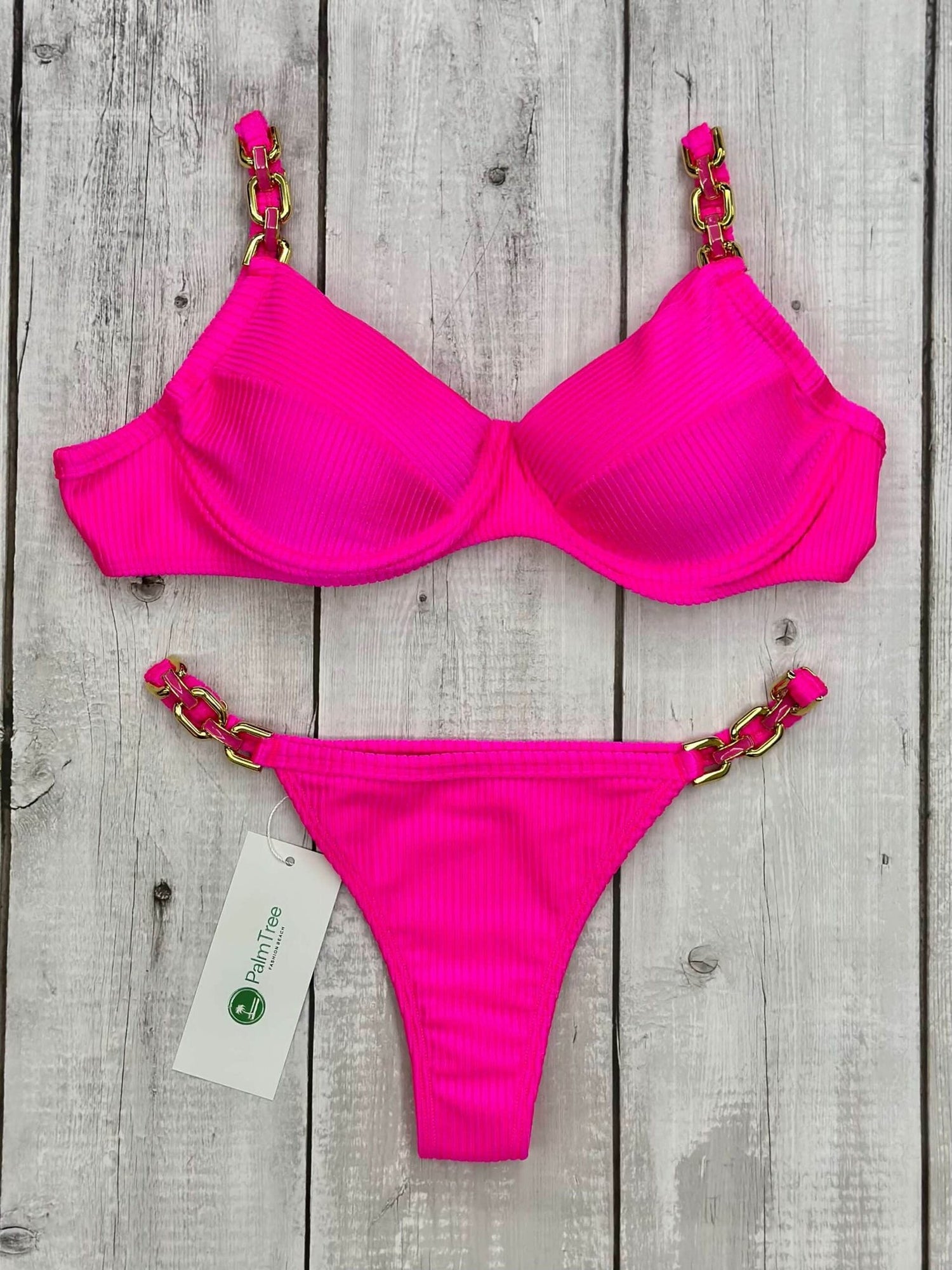 Marbella Lux Pink Shimmer Ribbed Chain Underwire Bra Bikini Set