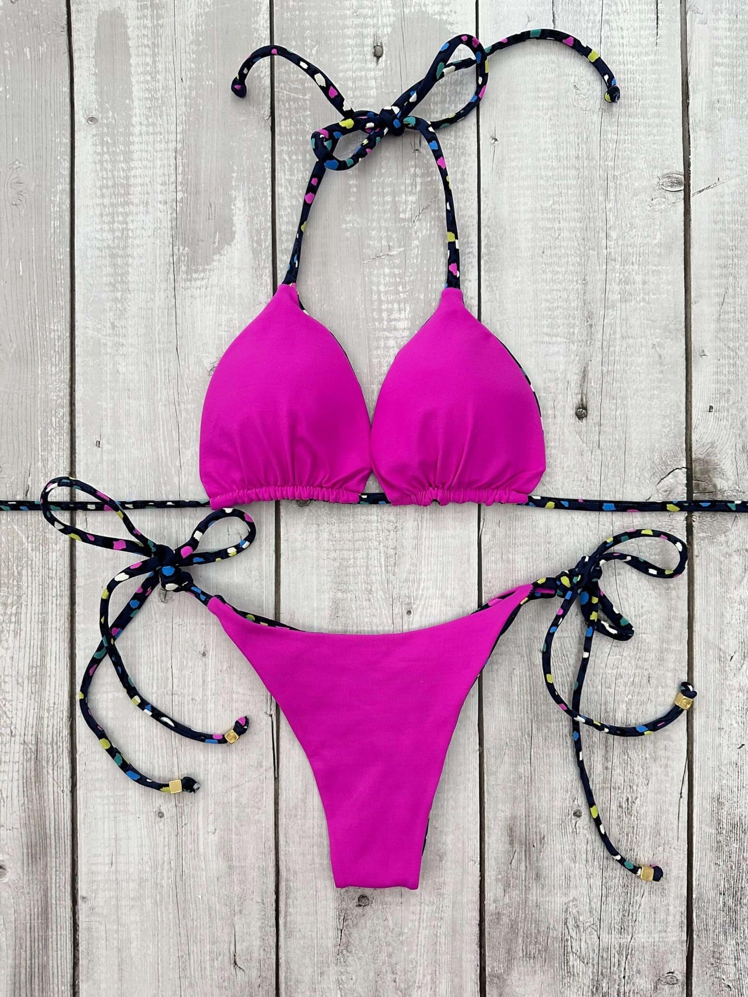 Rio Printed Triangle Ruched Tie-Side Reversible Bikini Set