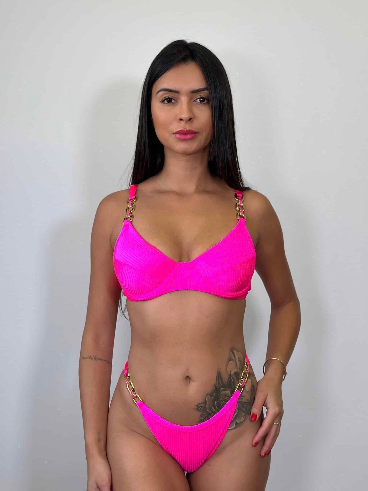Marbella Lux Pink Shimmer Ribbed Chain Underwire Bra Bikini Set