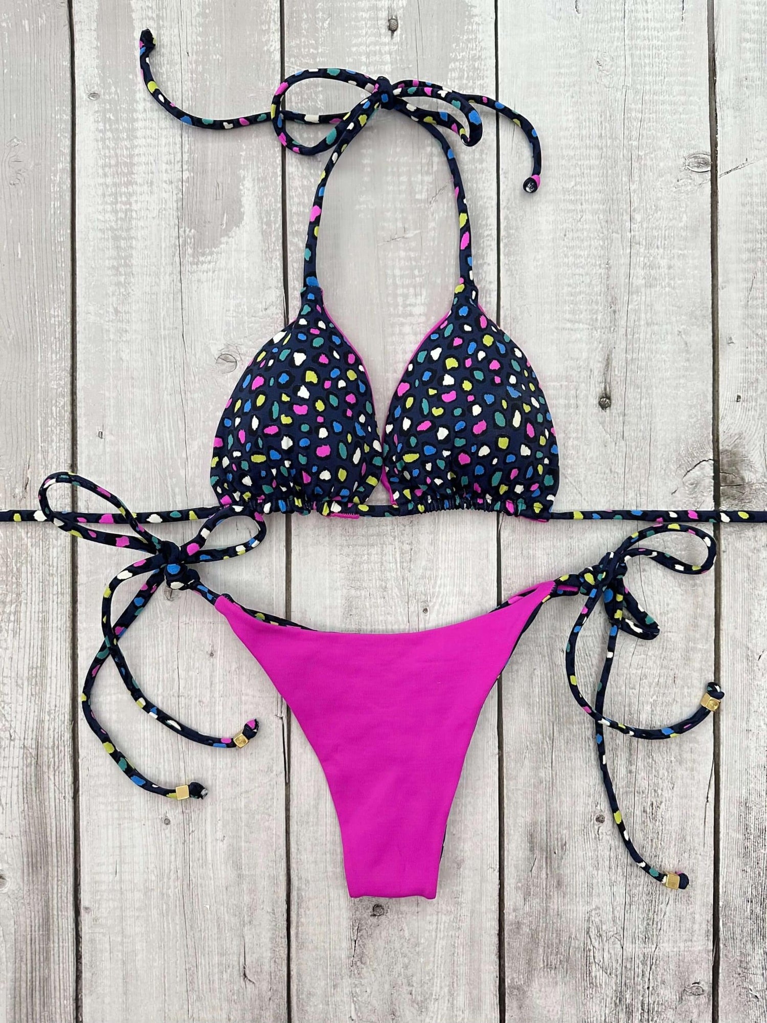 Rio Printed Triangle Ruched Tie-Side Reversible Bikini Set