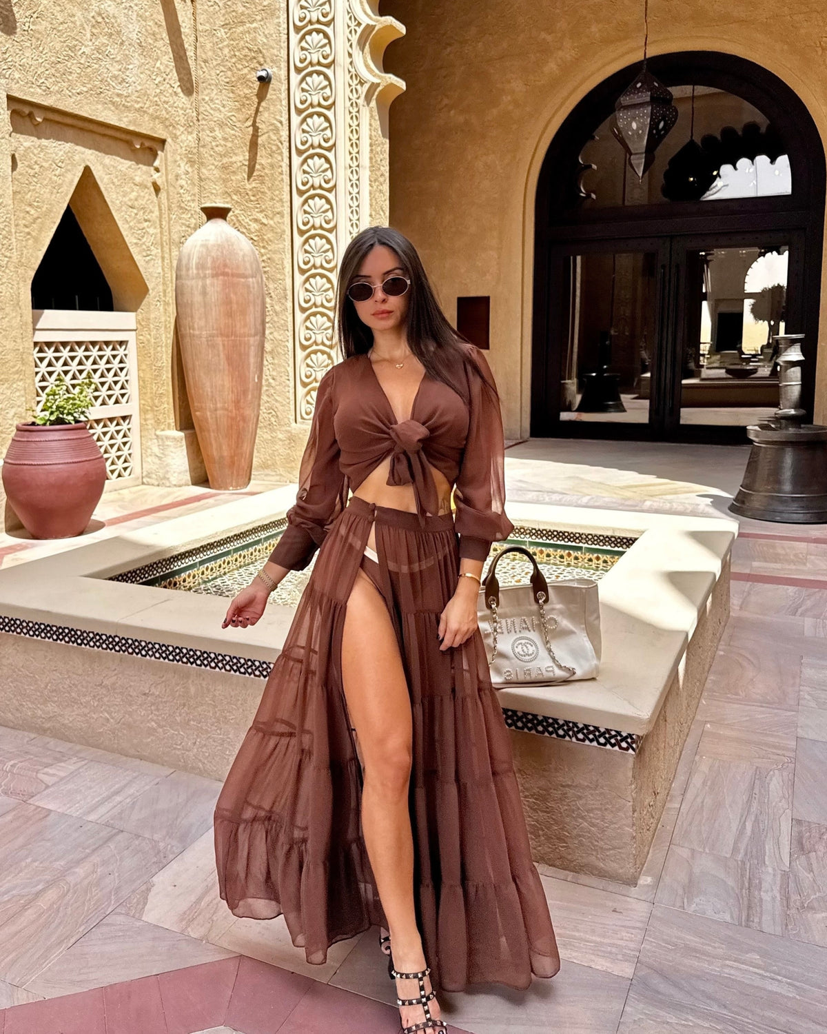 Monaco Luxury Shoulder Pad Tie Front Top Sheer Silk Chiffon Brown