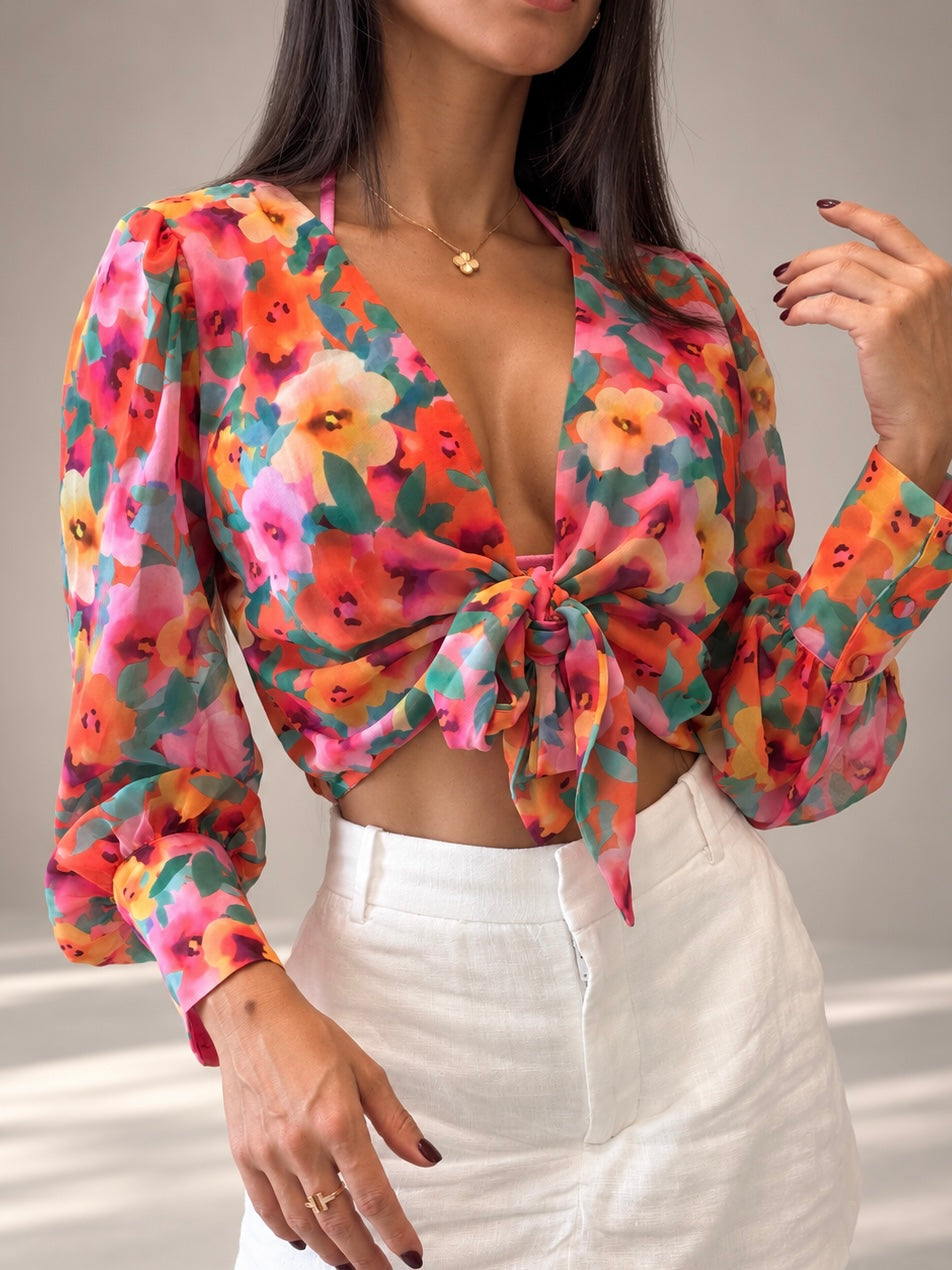 Monaco Luxury Shoulder Pad Tie Front Top Sheer Silk Chiffon Floral