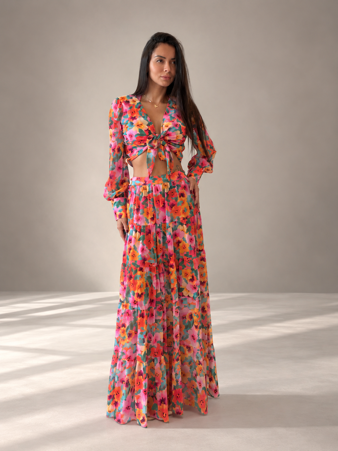 Monaco Luxury Sheer Silk Chiffon Beach Maxi Skirt Floral