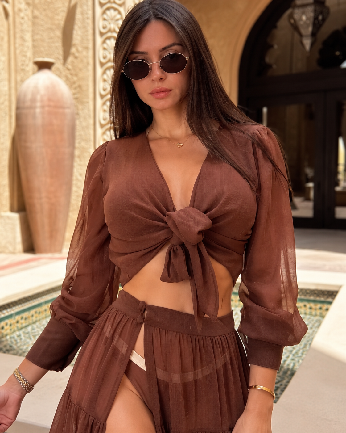Monaco Luxury Shoulder Pad Tie Front Top Sheer Silk Chiffon Brown