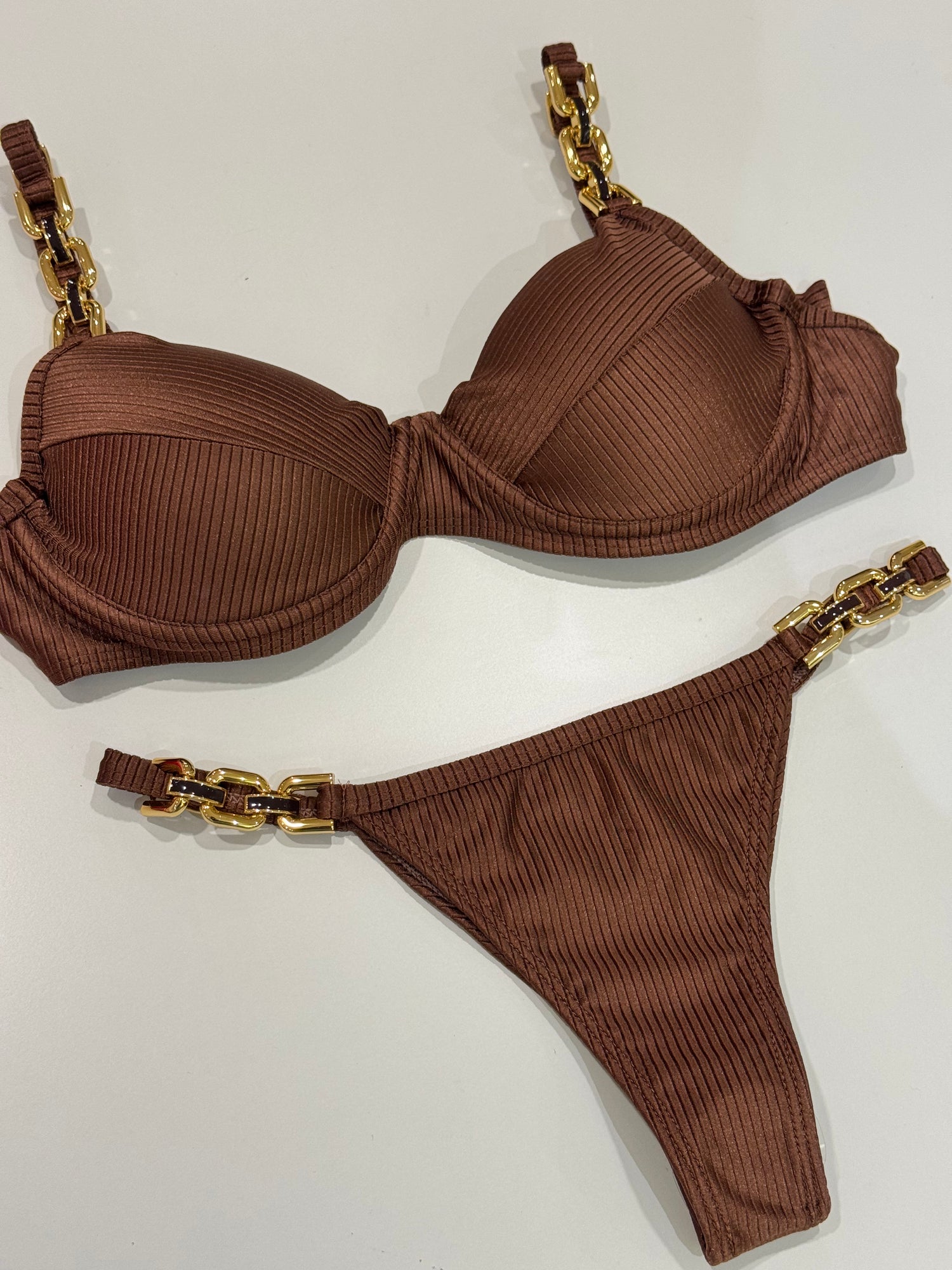 Marbella Lux Ribbed Shimmer Chain Underwire Bra Bikini Set