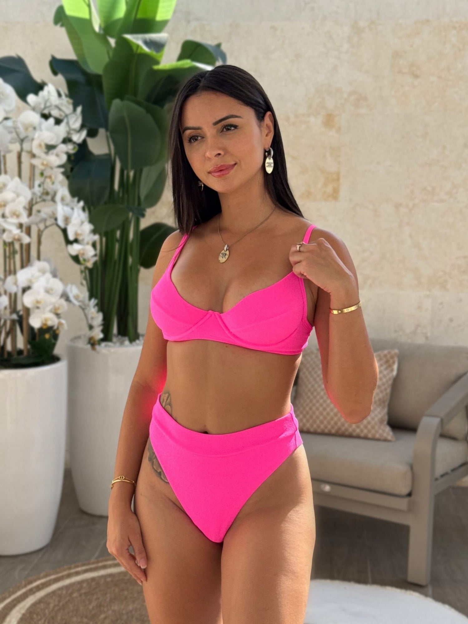 Mykonos Neon Textured Slim Hot Pants Bra Bikini Set in Pink