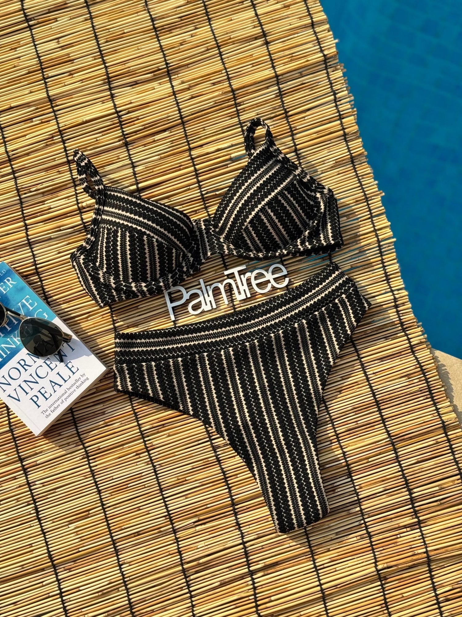 Mykonos Striped Crochet Slim Hot Pants Bra Bikini Set in Black