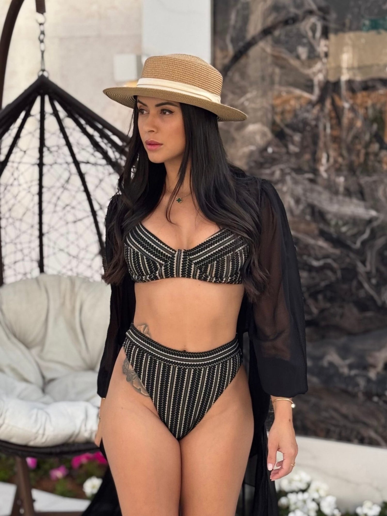 Mykonos Striped Crochet Slim Hot Pants Bra Bikini Set in Black