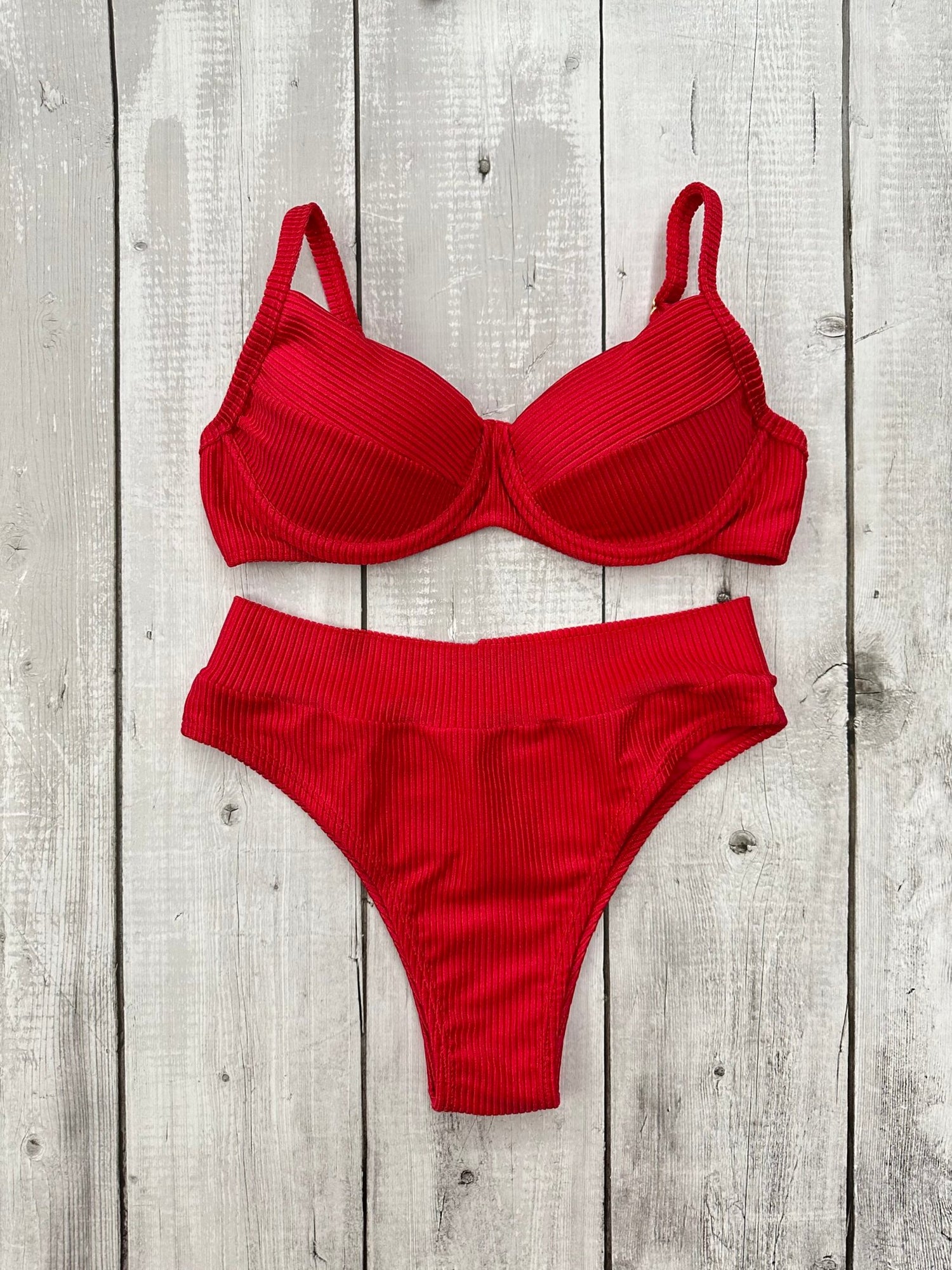 Mykonos Shimmer Ribbed Hot Pants Bra Bikini Set in Red