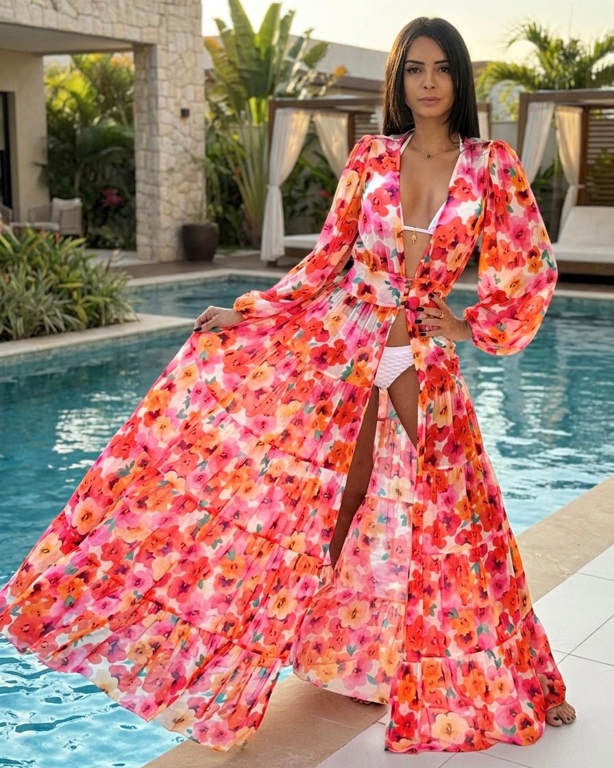 Monaco Luxury Sheer Silk Chiffon Beach Dress Floral