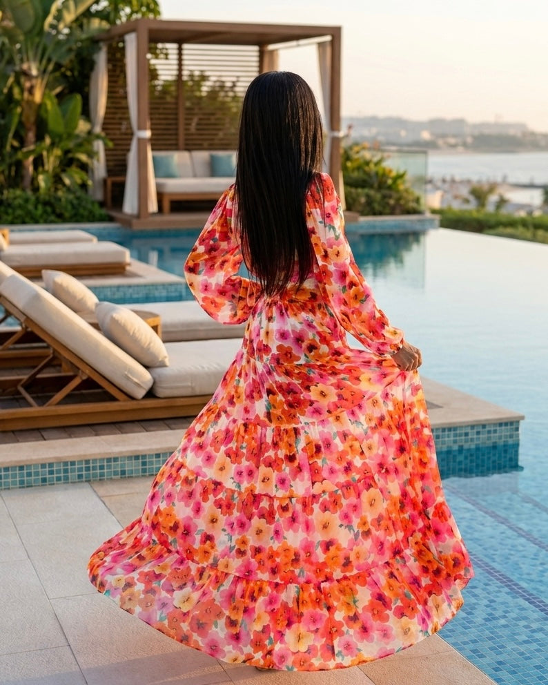 Monaco Luxury Sheer Silk Chiffon Beach Dress Floral
