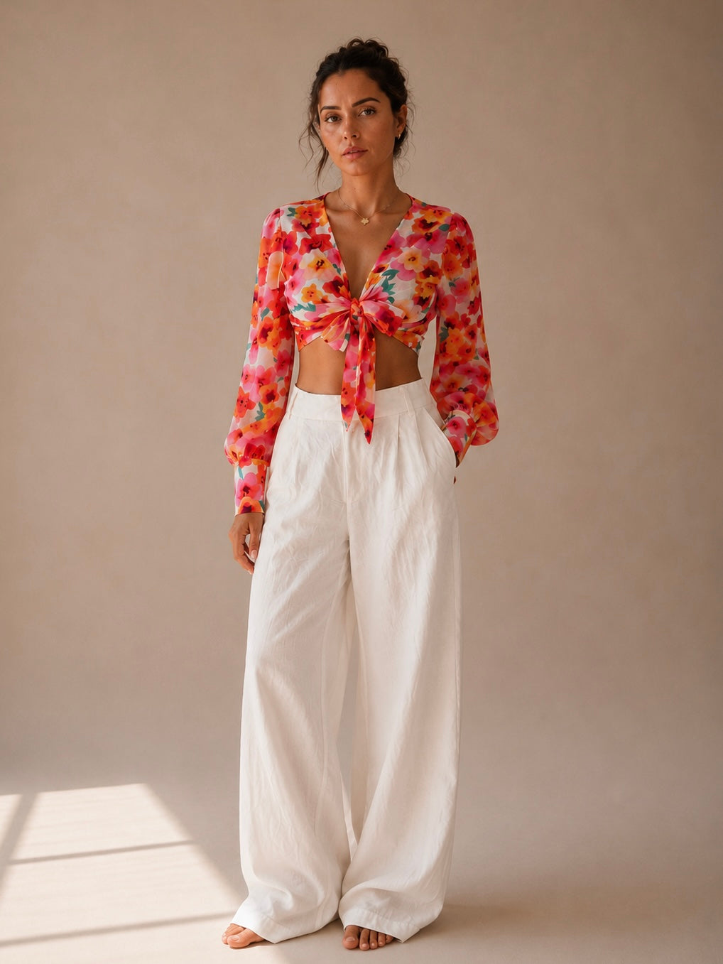 Monaco Luxury Shoulder Pad Tie Front Top Sheer Silk Chiffon Floral