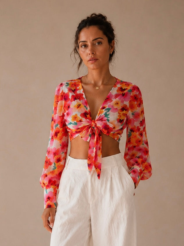Monaco Luxury Shoulder Pad Tie Front Top Sheer Silk Chiffon Floral