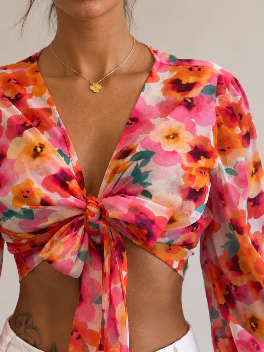 Monaco Luxury Shoulder Pad Tie Front Top Sheer Silk Chiffon Floral