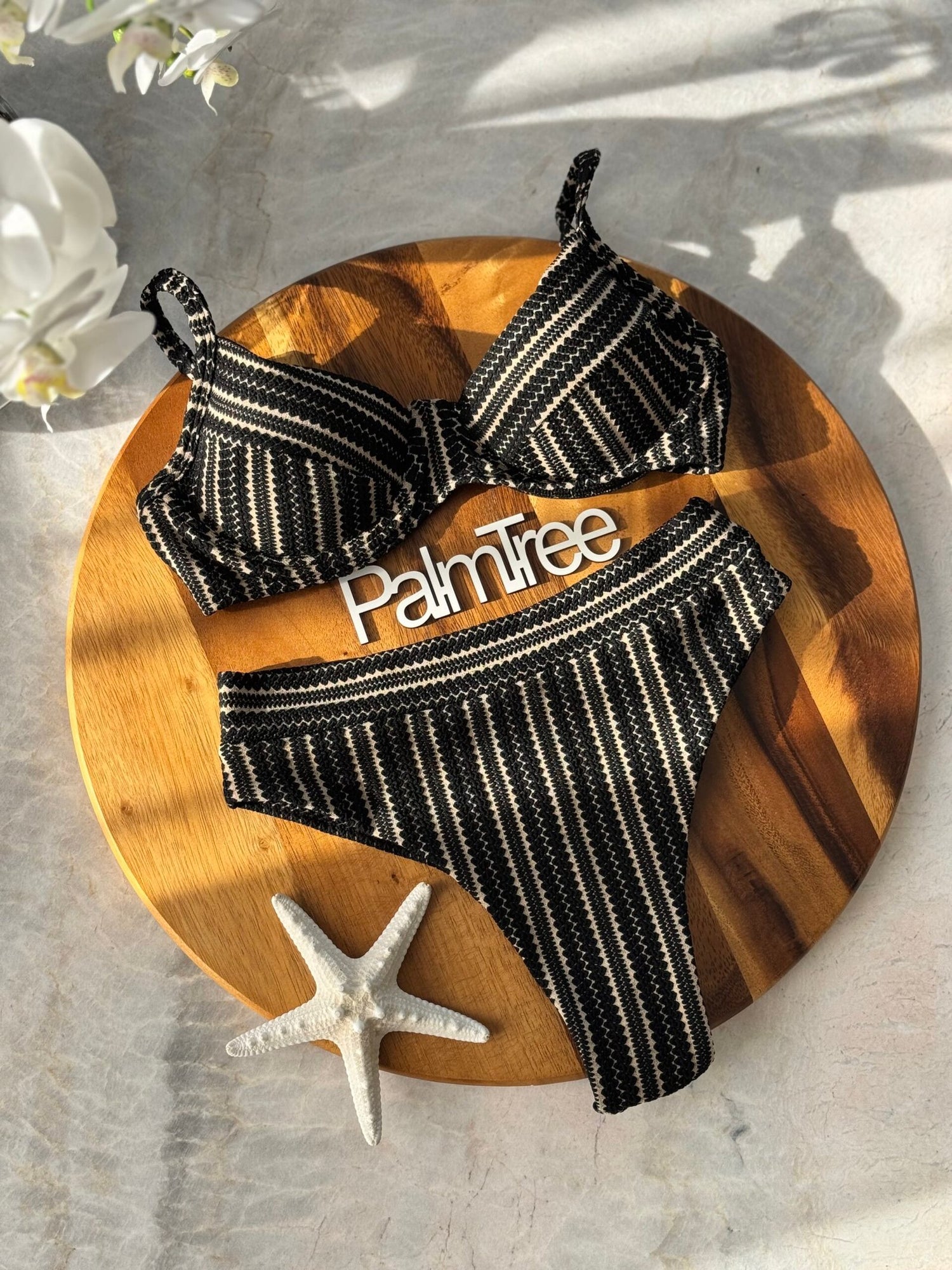 Mykonos Striped Crochet Slim Hot Pants Bra Bikini Set in Black