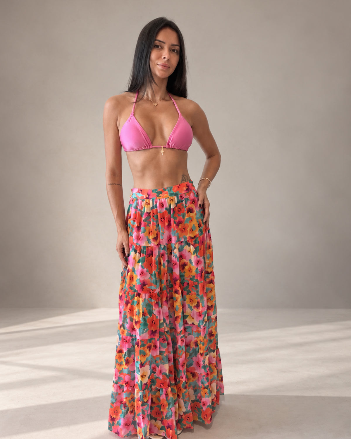 Monaco Luxury Sheer Silk Chiffon Beach Maxi Skirt Floral