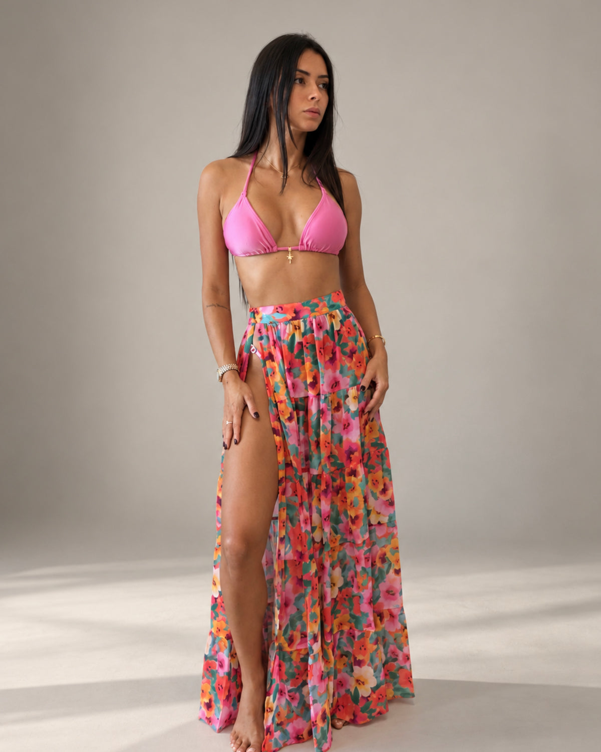 Monaco Luxury Beach Long Skirt Sheer Silk Chiffon Floral