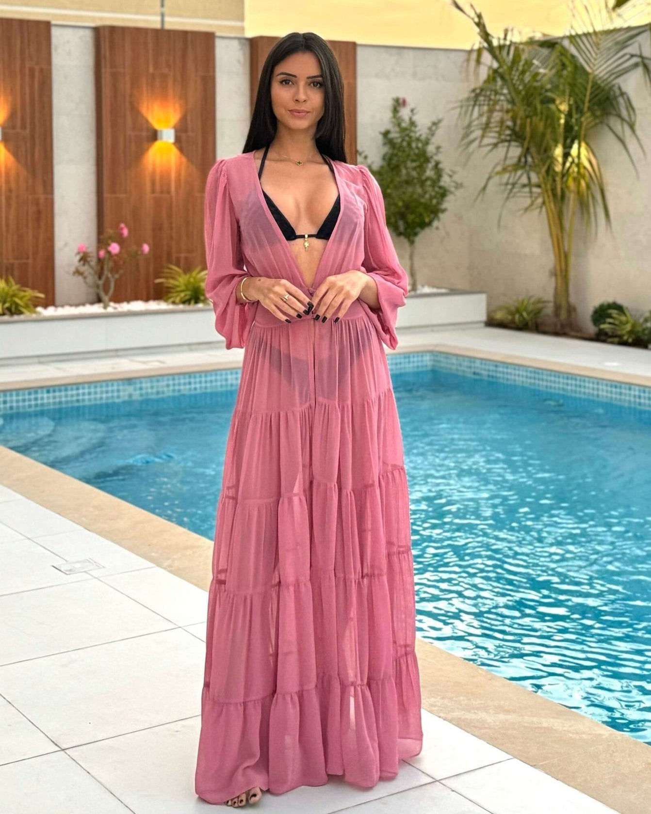 beach dress uae Brown Jacquard Plunge Maxi Beach Dress