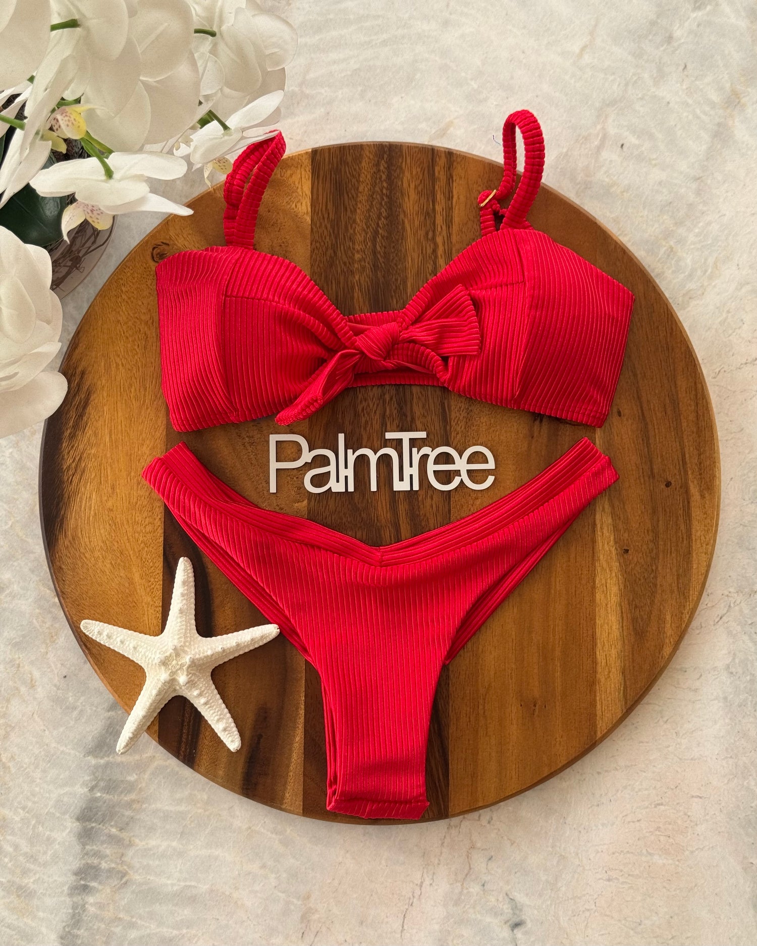 Mallorca Shimmer Front-Tie Ribbed Bikini Set in Red