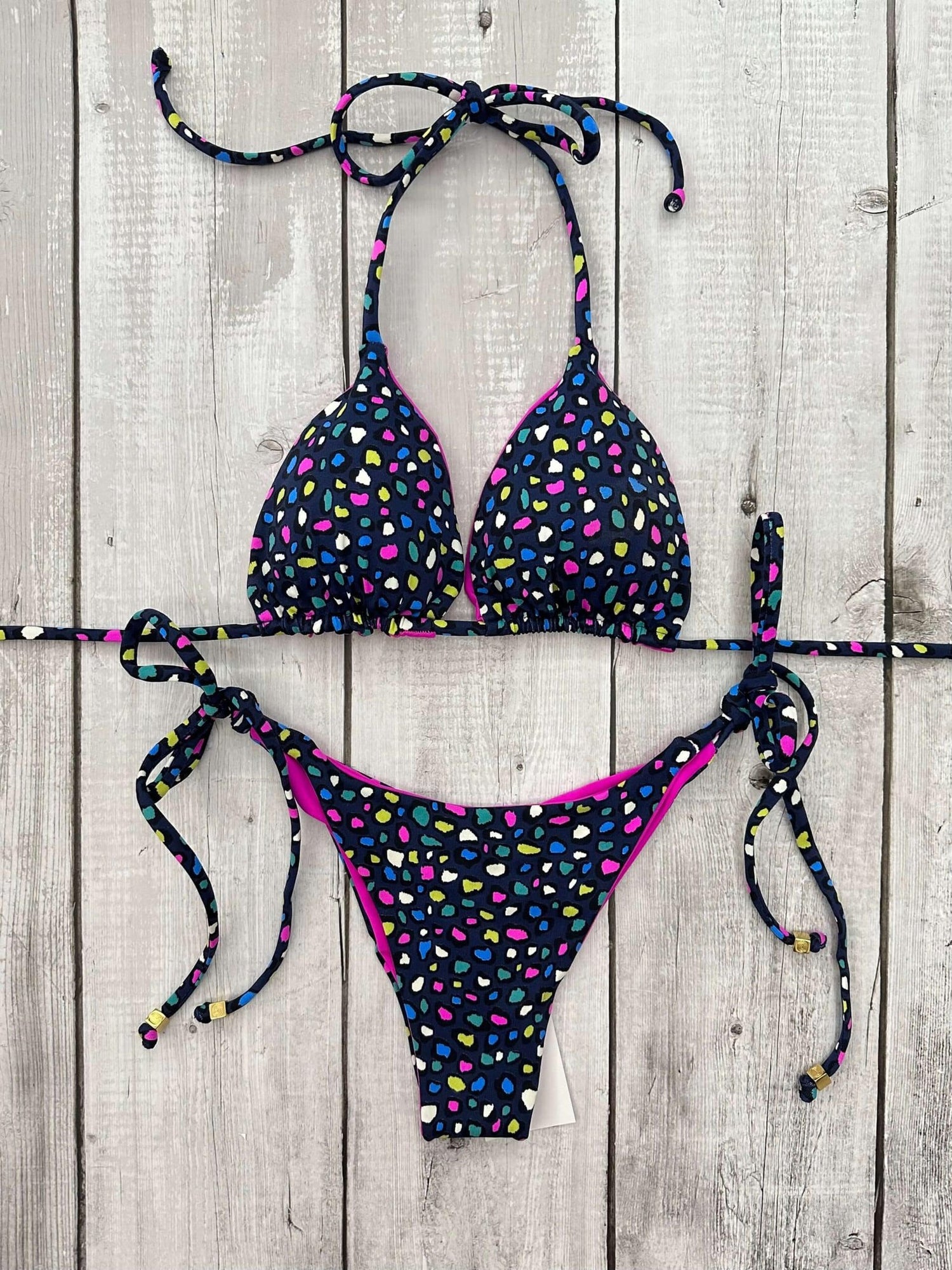 Rio Printed Triangle Ruched Tie-Side Reversible Bikini Set